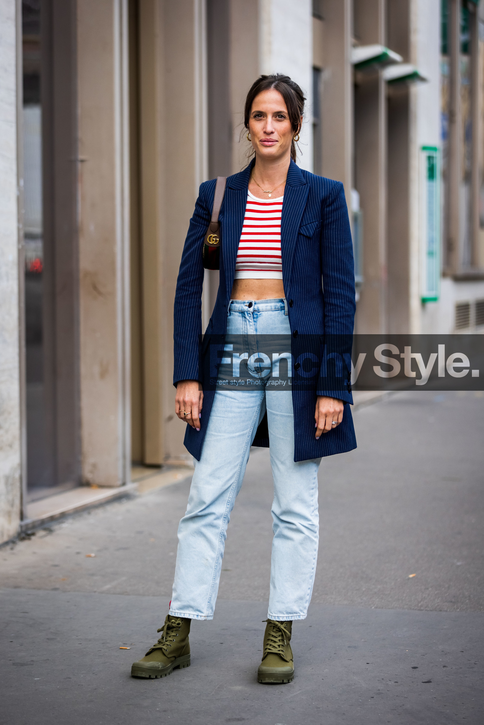 Astrid Boutrot, bag, boots, crop top, croppted top, denim, gucci bag, jacket, jean, khaki boots, light blue denim, light blue jean, long jacket, mariniere, navy jacket, red top, straigh jeans, straigh pants, stripes, stripes jacket, white crop top, fashion week, frenchystyle, FW, jonathan paciullo, street style, PFW, PARIS, SPRING SUMMER 2022, SS 22, vertical, full length