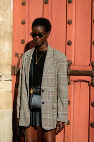 alexander mcqueen, beige jacket, black bag, black skirt, black sweater, blazer, checked, fendi, graphic jacket, leather bag, leather skirt, model, necklace, plaid, pleated skirt, printed jacket, sunglasses, PARIS, PFW, street style, jonathan paciullo, FW, frenchystyle, fashion week, AUTUMN WINTER 2019-2020, AW 19-20, FALL WINTER 2019-2020, FW 19-20, vertical, atmosphere details, detail