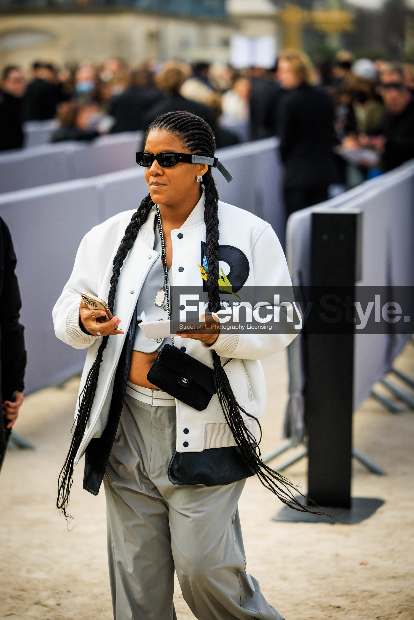 dior, christian dior, black sunglasses, braids, bomber jacket, white jacket, grey pants, grey vest, necklaces, chanel bag, mini chanel bag, fashion week, frenchystyle, FW, jonathan paciullo, street style, AUTUMN WINTER 2022-2023, FALL WINTER 2022_2023, FW 22-23, PFW, PARIS, vertical, detail