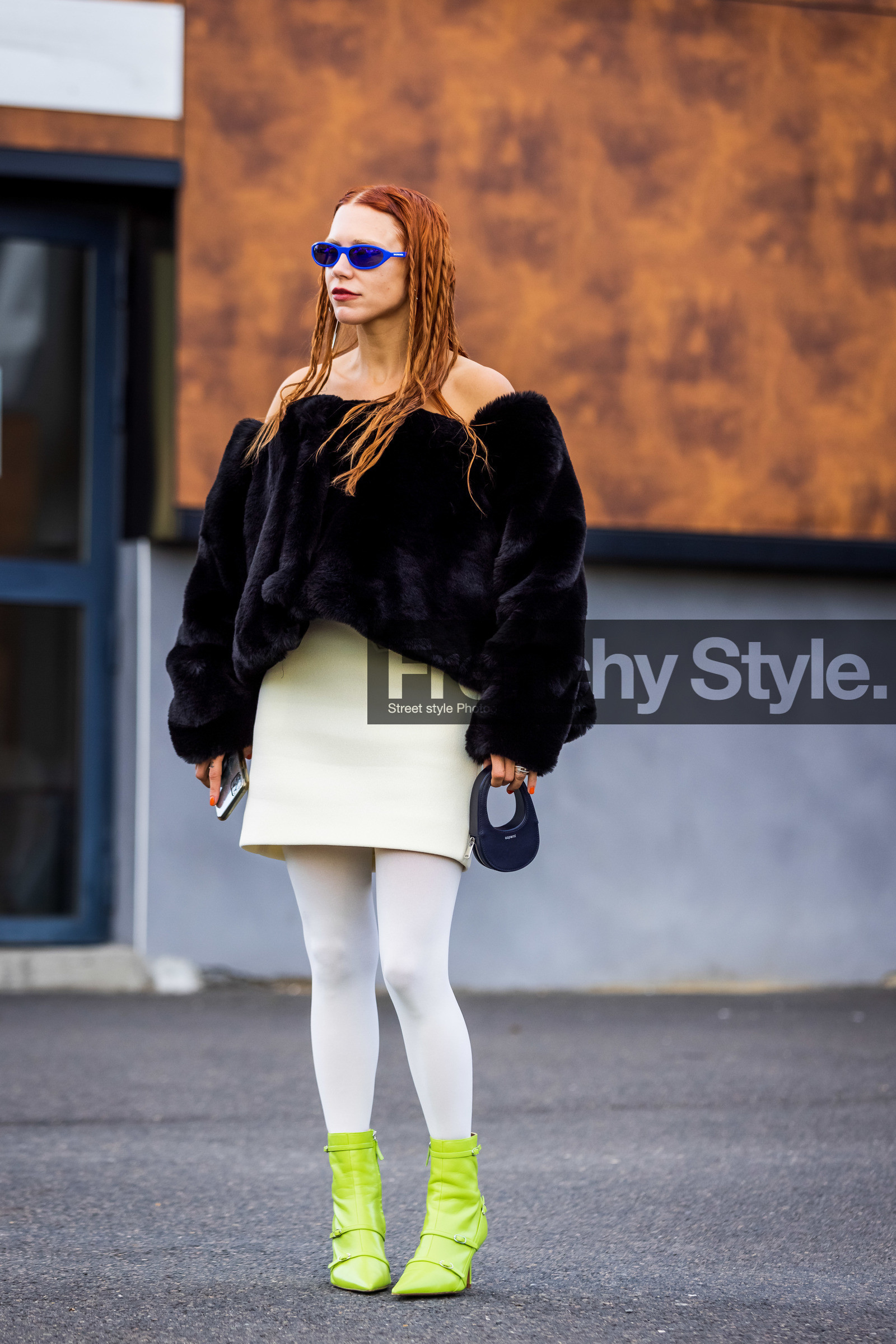 bag, beige skirt, black coat, black jacket, boots, coat, Courtney Trop, ecru skirt, electric blue sunglasses, jacket, mini bag, navy bag, off shoulder, oversize jacket, skirt, sunglasses, white tight, yellow fluo boots, street style, jonathan paciullo, FW, frenchystyle, fashion week, PFW, PARIS, SPRING SUMMER 2022, SS 22, vertical, full length