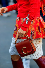 bracelet, chloé, graphic jacket, graphic skirt, high boots, lace skirt, leather bag, leather shoes, printed jacket, printed skirt, red bag, red boots, red shirt, red sweater, white skirt, PARIS, PFW, street style, jonathan paciullo, FW, frenchystyle, fashion week, AUTUMN WINTER 2019-2020, AW 19-20, FALL WINTER 2019-2020, FW 19-20, vertical, atmosphere details, detail