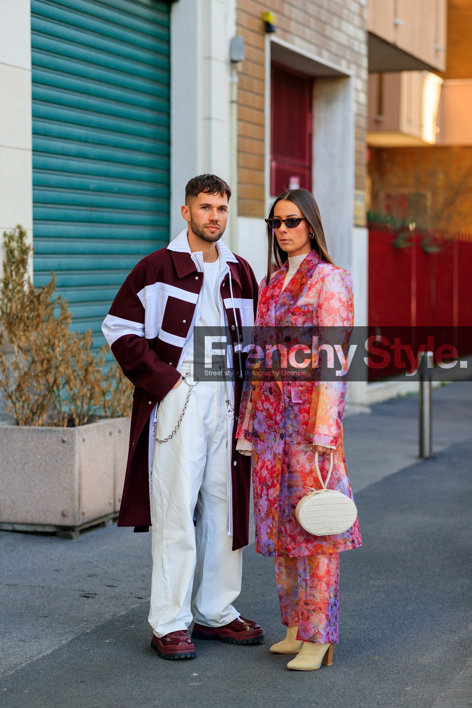 alice & j.s, beige boots, bordeaux, burgundy, denim pants, floral, flowers, graphic jacket, jeans, leather bag, leather shoes, msgm, pink coat, pink pants, printed jacket, red coat, red shoes, sunglasses, trousers, white bag, white denim, white t shirt, MILAN, MFW, fashion week, frenchystyle, FW, jonathan paciullo, street style, AUTUMN WINTER 2019-2020, AW 19-20, FALL WINTER 2019-2020, FW 19-20, vertical, full length