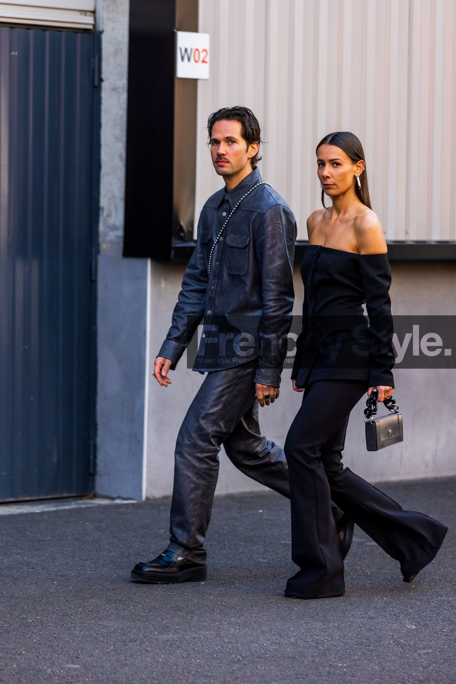 Alice Barbier, ami bag, bag, black derbies, black pants, chain bag, couple, derbies, duo, grey pants, grey shirt, Jean-Sebastien Roques, menswear, off shoulder top, pants, shirt, top, street style, jonathan paciullo, FW, frenchystyle, fashion week, PFW, PARIS, SPRING SUMMER 2022, SS 22, vertical, full length