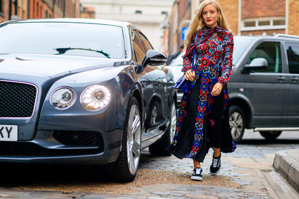 atmosphere details, black sneakers, blue bag, embroidered dress, fashion week, floral, flower, frenchystyle, full length, FW, horizontal, jonathan paciullo, kate foley, leather bag, LFW, LONDON, printed dress, SPRING SUMMER 2017, SS 17, street style, vans, woman