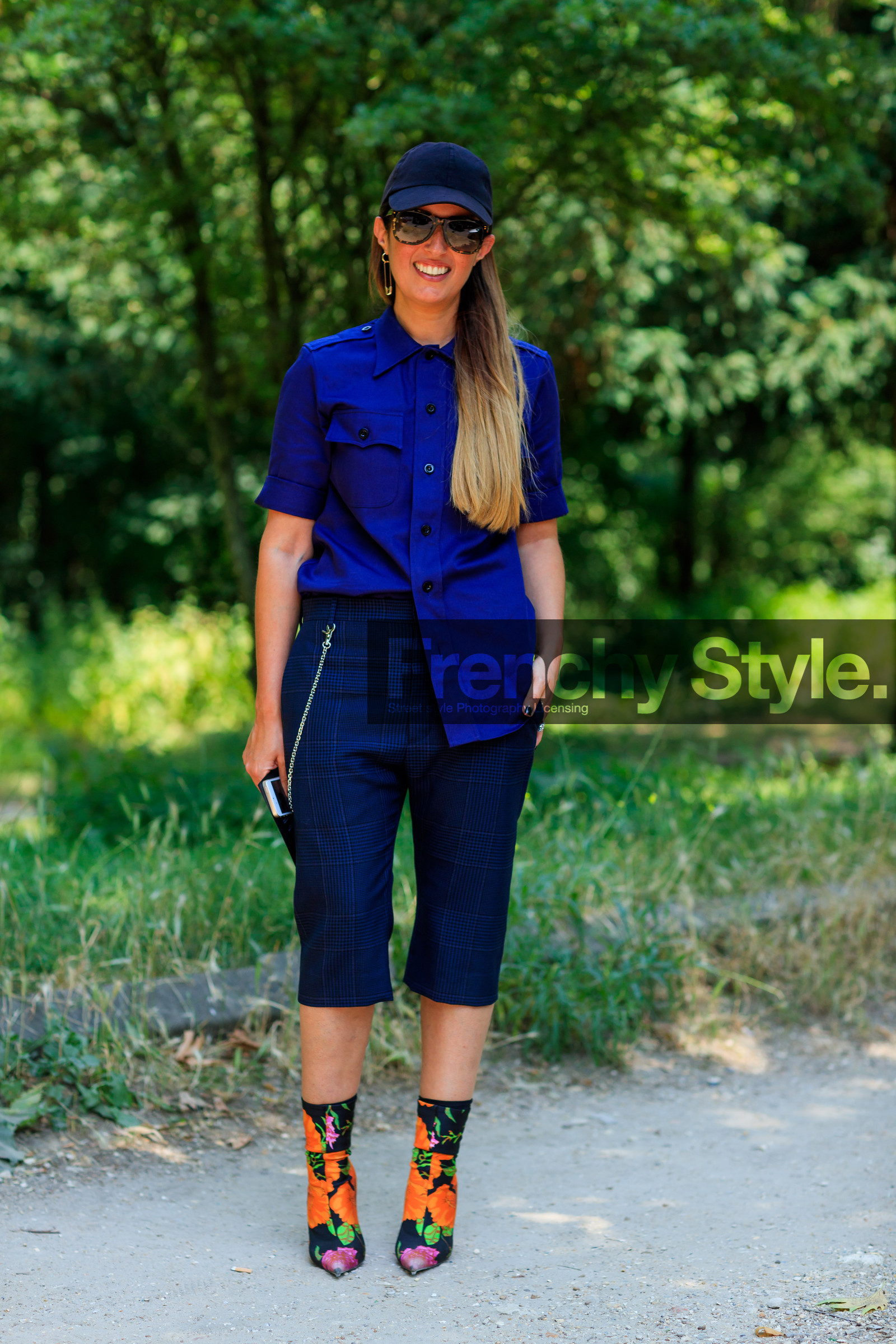 balenciaga, black cap, blue pants, blue shirt, chains, fashion week, floral, flower, frenchystyle, full length, FW, high heels, jonathan paciullo, leather shoes, MENSWEAR, PARIS, PFW, plaid, printed boots, printed pants, SPRING SUMMER 2018, SS 18, street style, sunglasses, tartan, trousers, tucked in, vertical