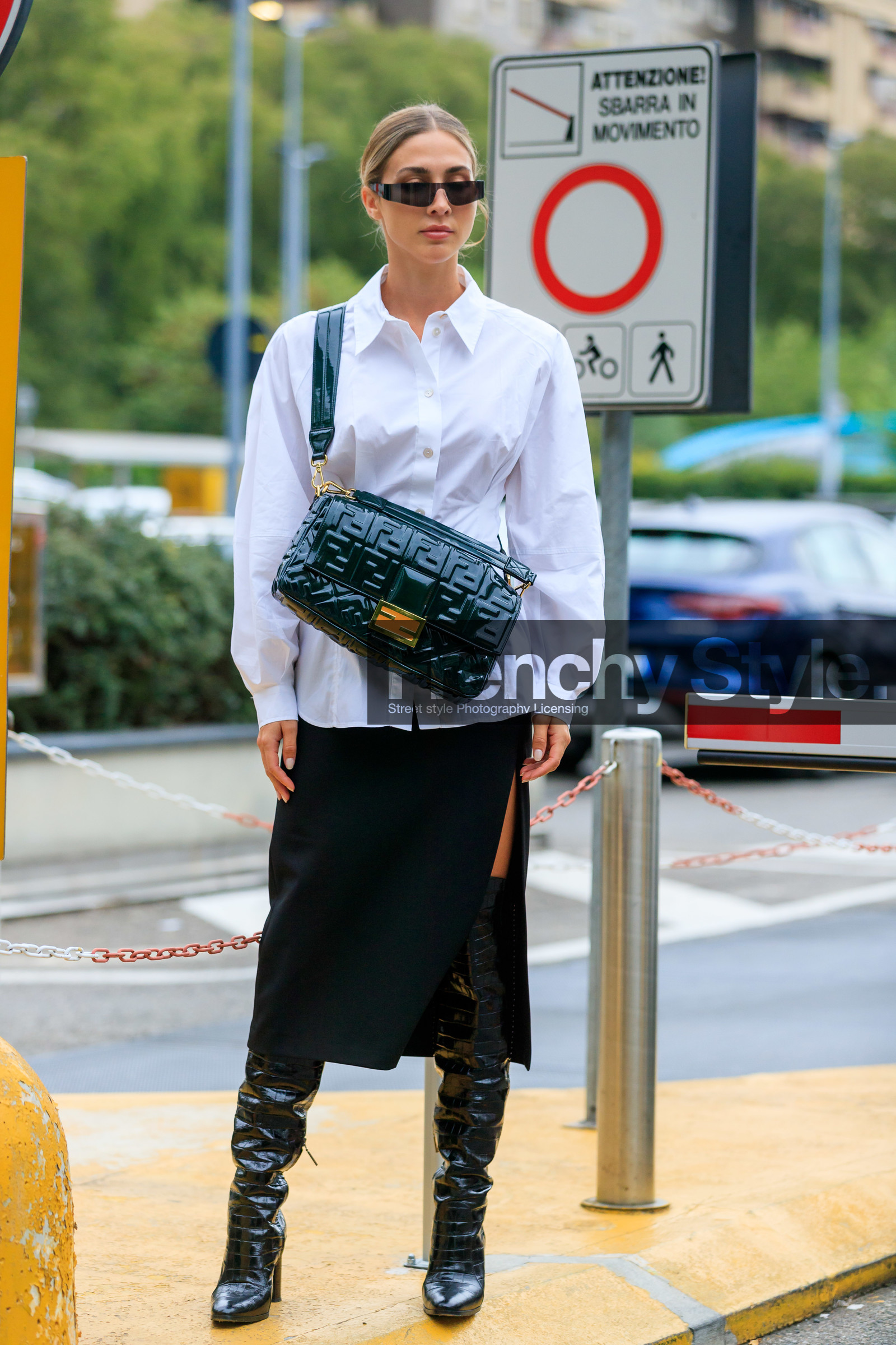 fendi bag, fendi baguette bag, white shirt, long shirt, black skirt, mid long skirt, split skirt, high boots, black boots, polish boots, black bag, monogrammed bag, crossbody bag, polish bag, green bag, futurist shape sunglasses, street style, jonathan paciullo, FW, frenchystyle, fashion week, MFW, MILAN, SPRING SUMMER 2020, SS 20