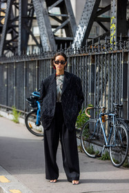 Alexandra Guerain, black jacket, black pants, black sunglasses, embroidered jacket, floral print, flower print, grey top, jacket, large pants, oversize jacket, oversize pants, pants, prada earrings, printed top, rectangle sunglasses, sandals, sunglasses, top, fashion week, frenchystyle, FW, jonathan paciullo, street style, PFW, PARIS, SPRING SUMMER 2022, SS 22, vertical, full length