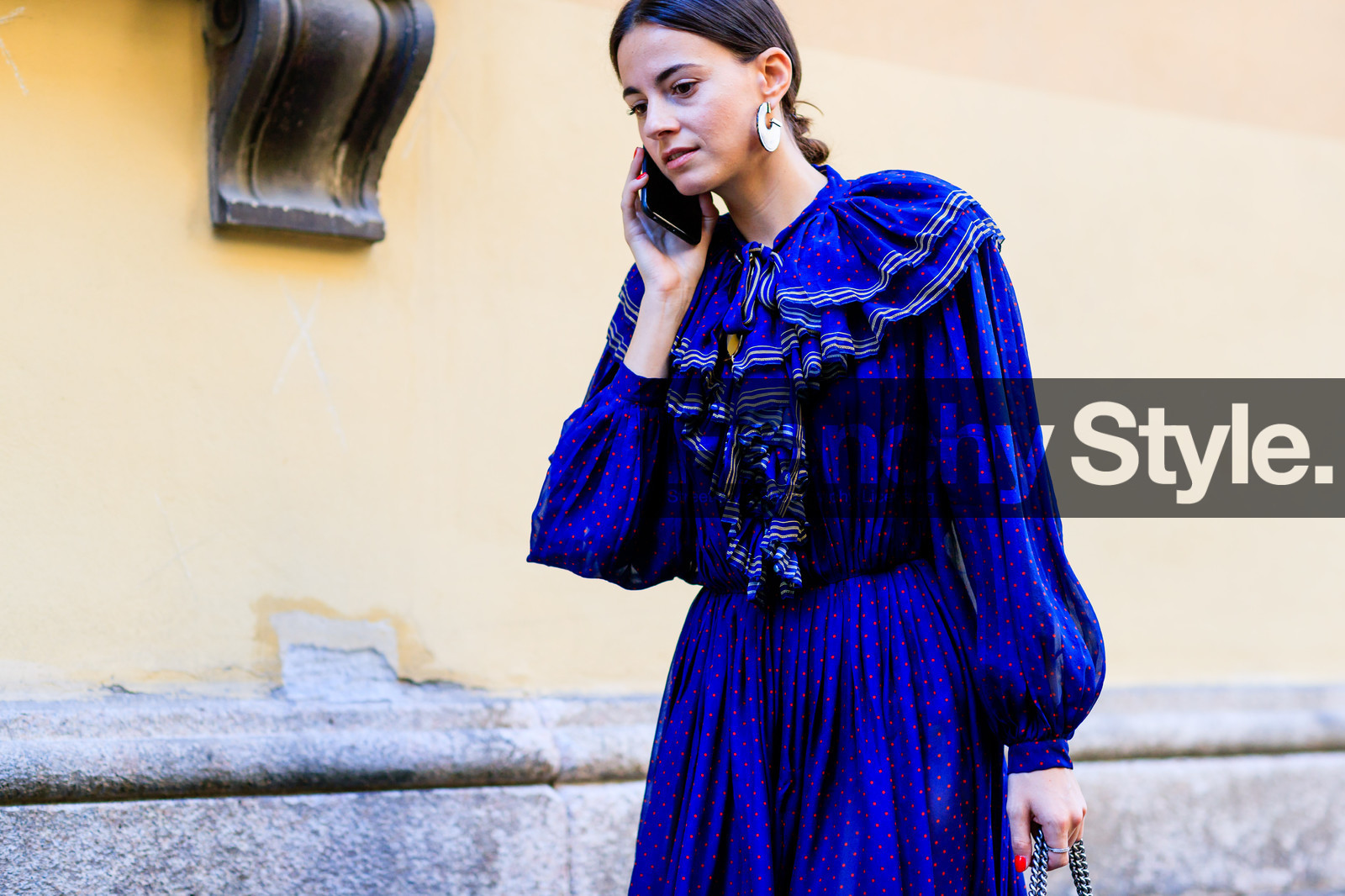 atmosphere details, blue dress, detail, earrings, fashion week, frenchystyle, FW, horizontal, jonathan paciullo, MFW, MILAN, polka dot, ruffle, SPRING SUMMER 2017, SS 17, street style, zina charkoplia
