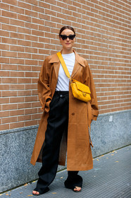 lena lademann, fendi bag, fendi baguette bag, yellow bag, yellow leather bag, monogrammed bag, crossbody bag, fendi coat, brown leather coat, openwork coat, black pants, silk pants, loose pants, black sunglasses, futurist shape sunglasses, butterfly sunglasses, street style, jonathan paciullo, FW, frenchystyle, fashion week, MFW, MILAN, SPRING SUMMER 2020, SS 20