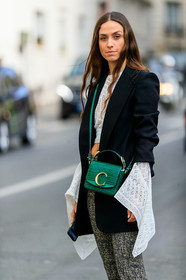 black jacket, blazer, chloé, crop top, erika boldrin, graphic pants, green bag, grey pants, lace top, leather bag, printed pants, trousers, white top, PARIS, PFW, street style, jonathan paciullo, FW, frenchystyle, fashion week, AUTUMN WINTER 2019-2020, AW 19-20, FALL WINTER 2019-2020, FW 19-20, vertical, atmosphere details, detail