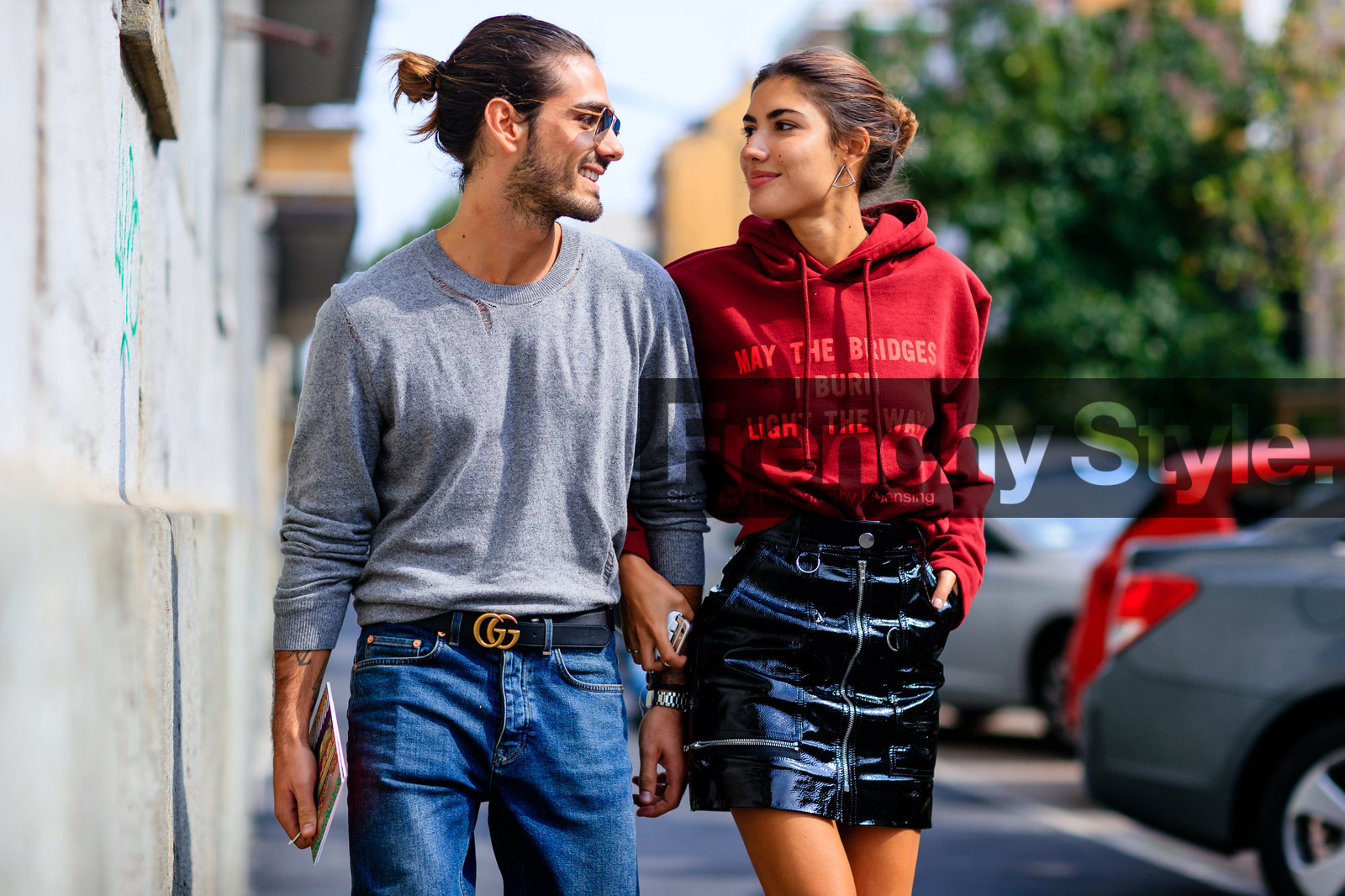 atmosphere details, black skirt, blue belt, blue denim, denim pants, detail, fashion week, frenchystyle, FW, Giotto Calendoli, grey sweater, gucci, hoodie, horizontal, jeans, jonathan paciullo, leather belt, leather skirt, MFW, MILAN, patricia manfield, red sweater, SPRING SUMMER 2017, SS 17, street style, trousers, varnished leather, vêtements