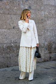 black bag, blazer, leather bag, lisa aiken, white dress, white jacket, white pants, MILAN, MFW, fashion week, frenchystyle, FW, jonathan paciullo, street style, AUTUMN WINTER 2019-2020, AW 19-20, FALL WINTER 2019-2020, FW 19-20, vertical, full length