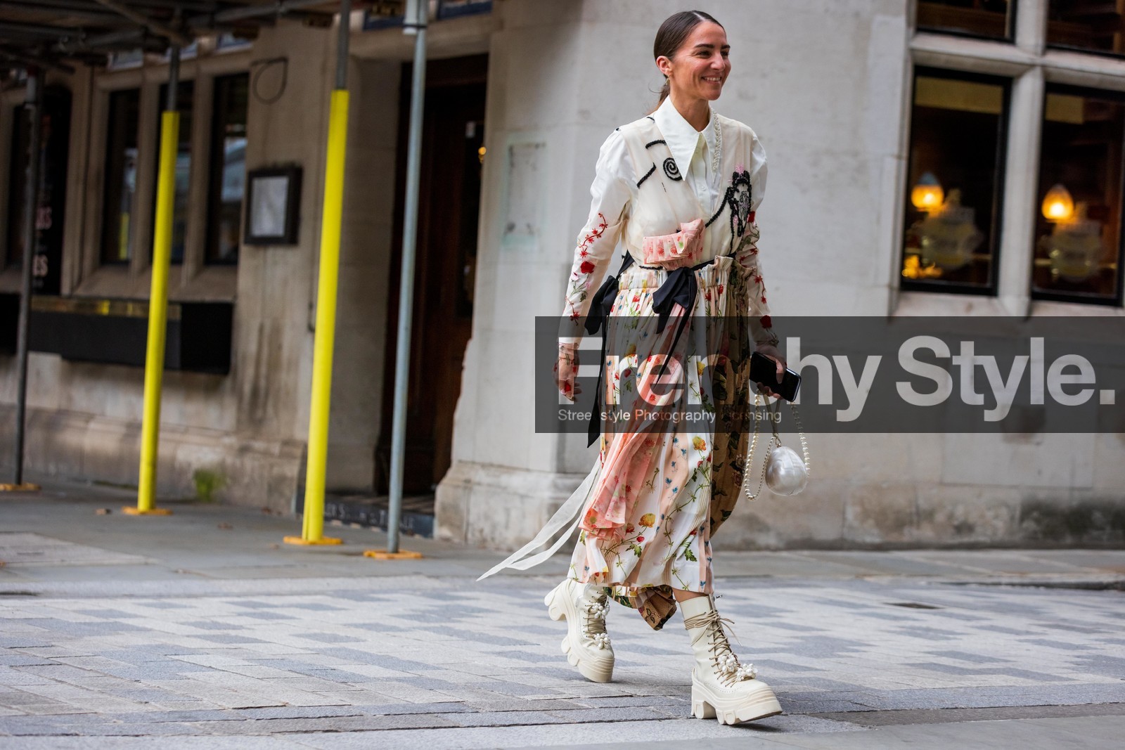 long dress, boots, military boots, pleated dress, flower dress, flower print, flowered dress, flowers, print, clutch, pearls, white, simone rocha, fashion week, frenchystyle, FW, jonathan paciullo, street style, SPRING SUMMER 2022, SS 22, LFW, LONDON, horizontal, full length, atmosphere details