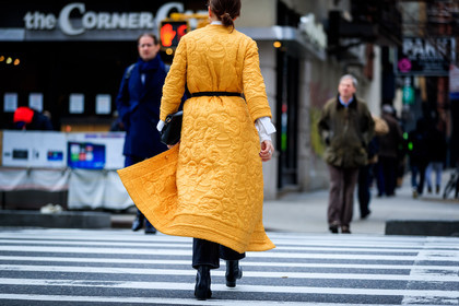 black bag, black belt, black boots, black shoes, graphic jacket, high heels, leather bag, leather shoes, orange coat, printed jacket, trousers, street style, jonathan paciullo, FW, frenchystyle, fashion week, NYFW, NEW YORK, AUTUMN WINTER 2018-2019, AW 18-19, FALL WINTER 2018-2019, FW 18-19, atmosphere details, horizontal, detail