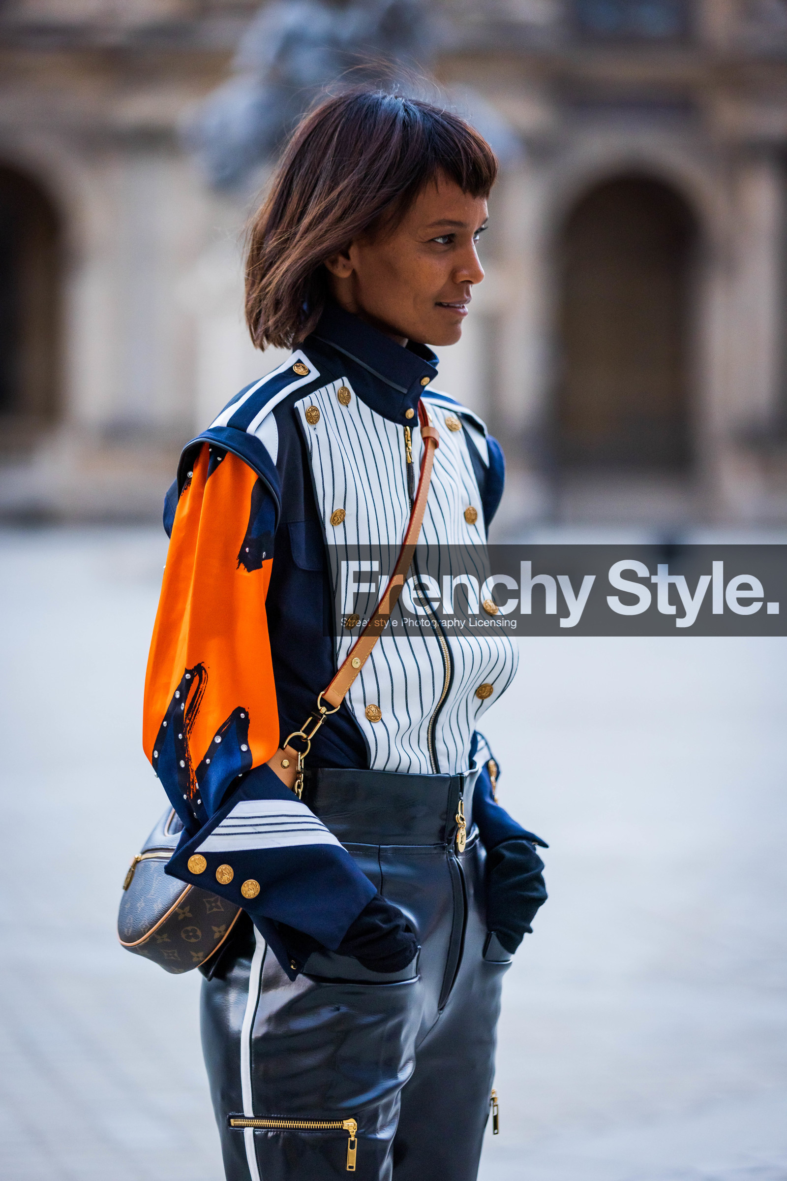 bag, black jacket, black pants, brown bag, jacket, Liya Kebede, logo print, louis vuitton bag, louis vuitton look, orange jacket, pants, patent pants, printed jacket, stripes, fashion week, frenchystyle, FW, jonathan paciullo, street style, PFW, PARIS, SPRING SUMMER 2022, SS 22, vertical, atmosphere details