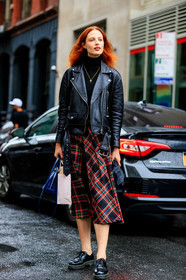 black jacket, black perfecto, black shoes, black skirt, black turtleneck, blue bag, checked, graphic skirt, leather bag, leather jacket, leather perfecto, leather shoes, model, necklace, plaid, printed skirt, red lips, tartan, street style, jonathan paciullo, FW, frenchystyle, fashion week, NYFW, NEW YORK, SPRING SUMMER 2019, SS 19, vertical, full length