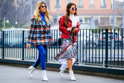 atmosphere details, AUTUMN WINTER 2017-2018, AW 17-18, blazer, blue denim, blue sweater, checked jacket, denim pants, FALL WINTER 2017-2018, fashion week, frenchystyle, full length, FW, FW 17-18, high heels, horizontal, jeans, jonathan paciullo, leather jacket, leather perfecto, leather shoes, MFW, MILAN, plaid, printed skirt, red jacket, street style, sunglasses, trousers, turtleneck sweater, white boots, white sweater