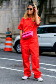 balenciaga, leather bag, leather shoes, pink bag, red jumpsuit, sunglasses, trousers, white sneakers, fashion week, frenchystyle, FW, jonathan paciullo, street style, NYFW, NEW YORK, SPRING SUMMER 2019, SS 19, vertical, full length