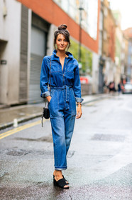 black bag, black sandals, blue denim, blue jumpsuit, denim jumpsuit, denim pants, fashion week, frenchystyle, full length, FW, jeans, jonathan paciullo, leather bag, LFW, LONDON, saint laurent paris, SPRING SUMMER 2017, SS 17, street style, vertical, woman
