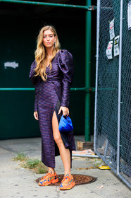 adidas, blue bag, earrings, emili sindlev, graphic dress, leather bag, leather shoes, orange sneakers, prada, printed dress, purple dress, stripes, street style, jonathan paciullo, FW, frenchystyle, fashion week, NYFW, NEW YORK, SPRING SUMMER 2019, SS 19, vertical, full length