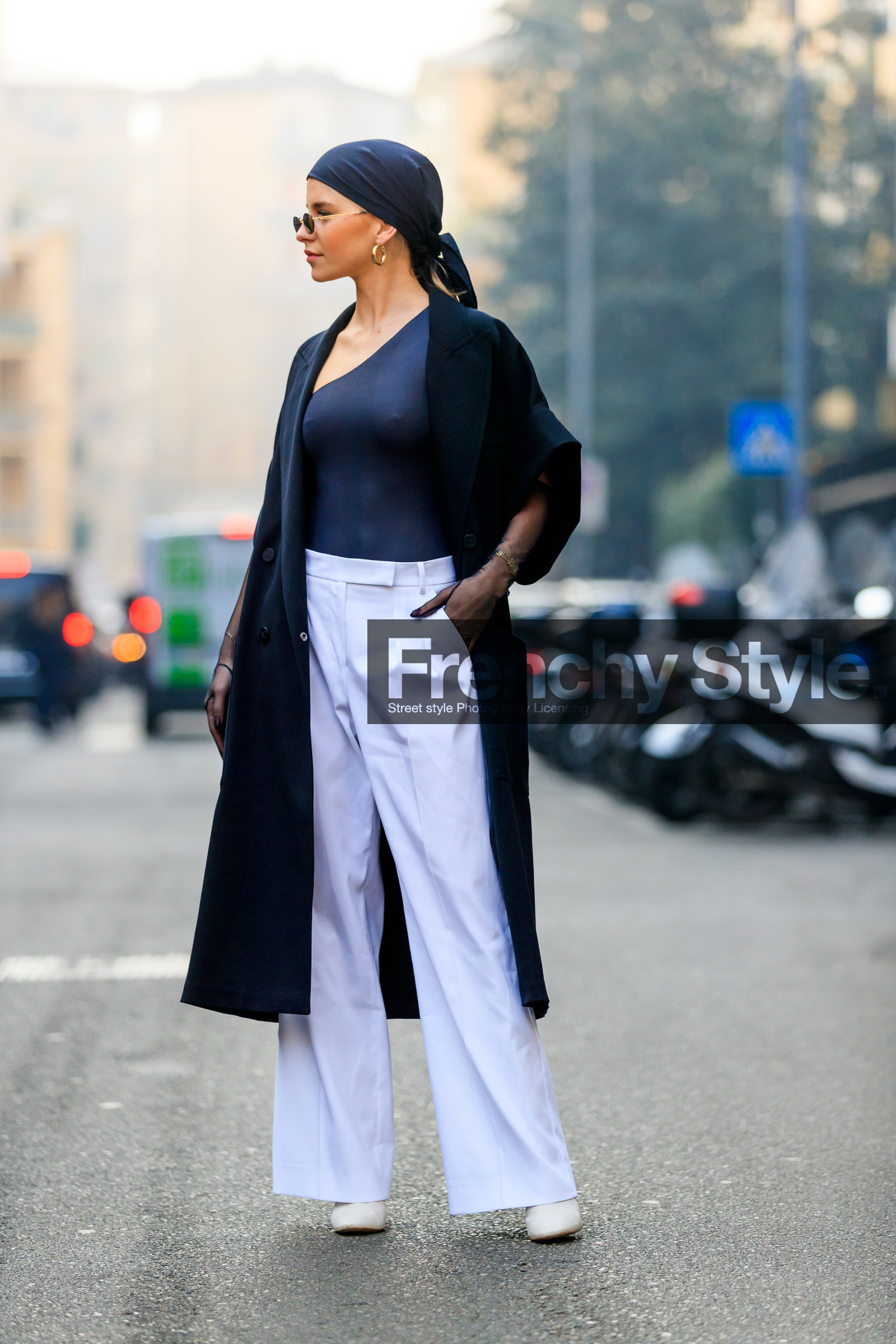 asymetric, black coat, black scarf, black top, caro daur, earrings, headscarf, leather shoes, one shoulder, sunglasses, trousers, white pants, white shoes, street style, jonathan paciullo, FW, frenchystyle, fashion week, MFW, MILAN, AUTUMN WINTER 2019-2020, AW 19-20, FALL WINTER 2019-2020, FW 19-20, vertical, full length