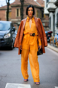 black bag, camel jacket, choker, fanny pack, leather bag, leather jacket, mini bag, necklace, over the shoulder, trousers, yellow pants, yellow shirt, MILAN, MFW, fashion week, frenchystyle, FW, jonathan paciullo, street style, AUTUMN WINTER 2019-2020, AW 19-20, FALL WINTER 2019-2020, FW 19-20, vertical, full length