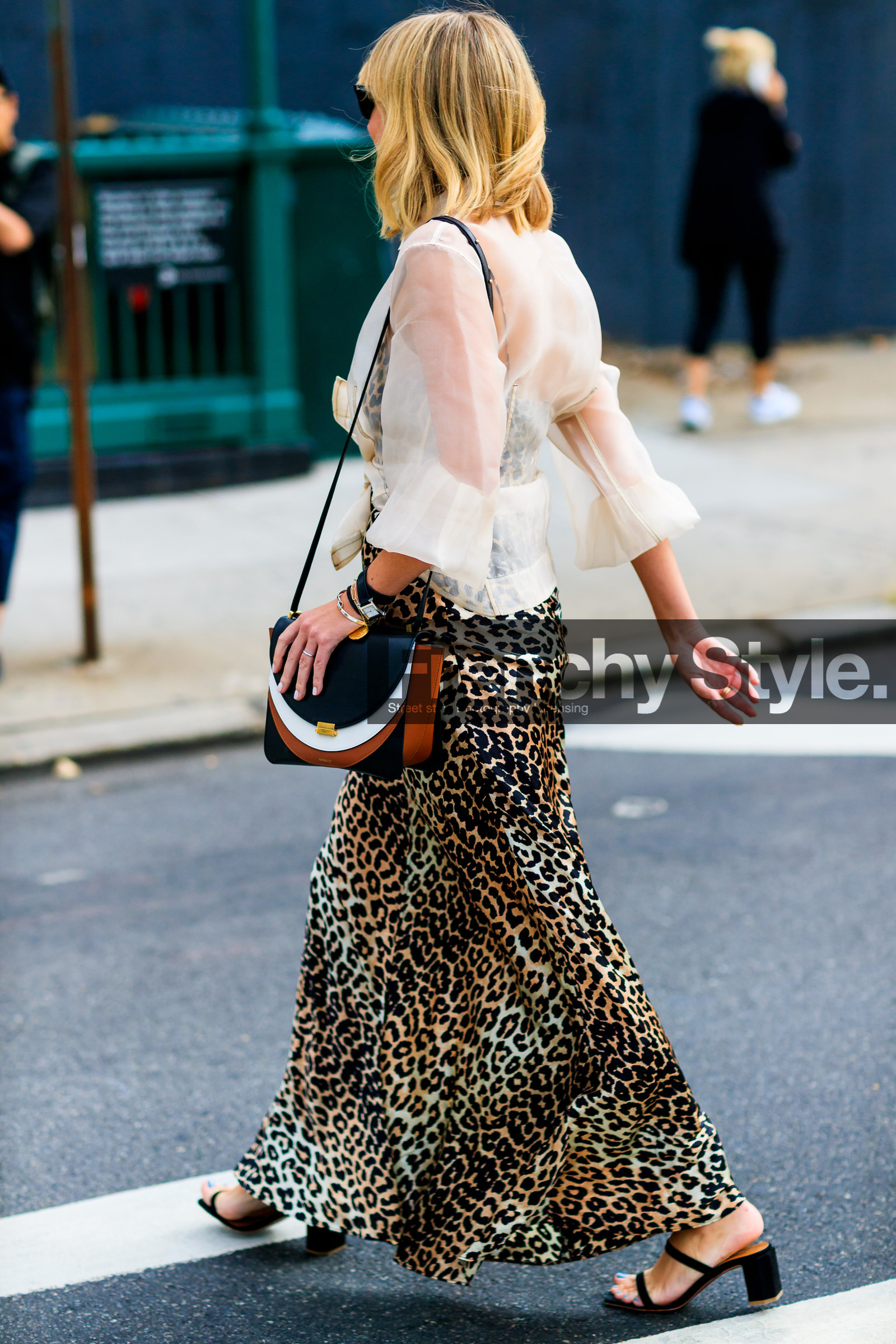 animal print, beige shirt, black bag, black shoes, bracelet, brown, graphic bag, graphic dress, high heels, leather bag, leather shoes, leopard, lisa aiken, printed bag, printed dress, see through, sunglasses, watch, street style, jonathan paciullo, FW, frenchystyle, fashion week, NYFW, NEW YORK, SPRING SUMMER 2019, SS 19, vertical, full length