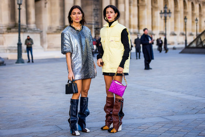 bag, black bag, black boots, black dress, boots, brown boots, dress, duo, Gilda Ambrosio, Giorgia Tordini, gold chain, gold necklace, high boots, jacket, louis vuitton look, necklace, purple bag, sequins, silver dress, sleeveless jacket, yellow jacket, fashion week, frenchystyle, FW, jonathan paciullo, street style, PFW, PARIS, SPRING SUMMER 2022, SS 22, horizontal, atmosphere details, full length