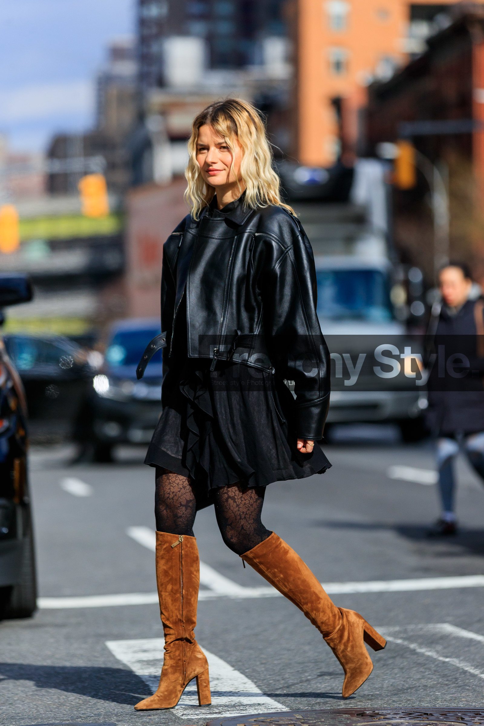 sabina socol, black leather perfecto, black dress, black tights, camel suede boots, high boots, high heels boots, longchamp jacket, oversize perfecto, fashion week, frenchystyle, FW, jonathan paciullo, street style, FALL WINTER 2020-2021, AUTUMN WINTER 2020-2021, FW 20-21, vertical, full length, NYFW, NEW YORK