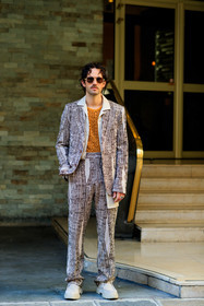 acne studios jacket, acne studios look, orange top, fishnet top, monogrammed jacket, monogrammed pants, monogrammed look, beige jacket, beige pants, beige suits, printed jacket, printed pants, logo all over, logo printed jacket, logo printed pants, aviator sunglasses, sheer sunglasses, beige shoes, beige suede shoes, big sole derbies, big sole shoes, beige derbies, beige suede derbies, JS roques, fashion week, frenchystyle, FW, jonathan paciullo, street style, PFW, PARIS, SPRING SUMMER 2022, SS 22, vertical, full length