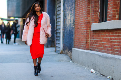atmosphere details, AUTUMN WINTER 2016-2017, AW 16-17, black boots, black heels, fashion week, frenchystyle, full length, fur coat, fur jacket, FW, FW 16-17, high heels, horizontal, jonathan paciullo, leather boots, leather shoes, NEW YORK, NYFW, pink fur, red skirt, red sweater, red top, street style, woman