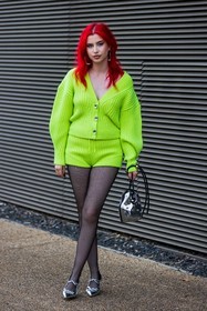 pouch, small bag, slingback, green, knits, Bags, Abby Roberts, heels, knit, knitted short, knitwear, shoes, boots, cardigan, loops, blazer, fashion week, frenchystyle, FW, jonathan paciullo, street style, SPRING SUMMER 2022, SS 22, LFW, LONDON, vertical, full length