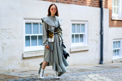 atmosphere details, checked dress, corset, fashion week, floral, flowers, frenchystyle, full length, FW, graphic dress, grey dress, high heels, horizontal, jonathan paciullo, leather shoes, LFW, LONDON, maiko shibata, printed dress, ruffles, SPRING SUMMER 2018, SS 18, street style, white boots
