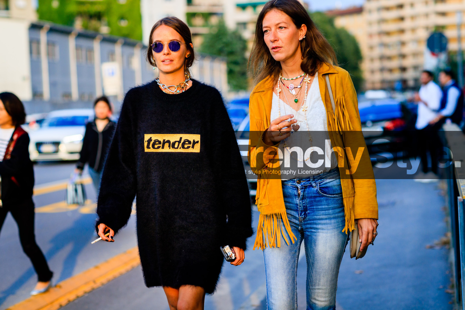 alexander wang, atmosphere details, black sweater, blue denim, camel jacket, carlotta oddi, chains, denim pants, detail, fashion week, frenchystyle, fringes, FW, horizontal, jeans, jonathan paciullo, MFW, MILAN, necklace, SPRING SUMMER 2017, SS 17, street style, suede jacket, sunglasses, sweater dress, trousers, white top