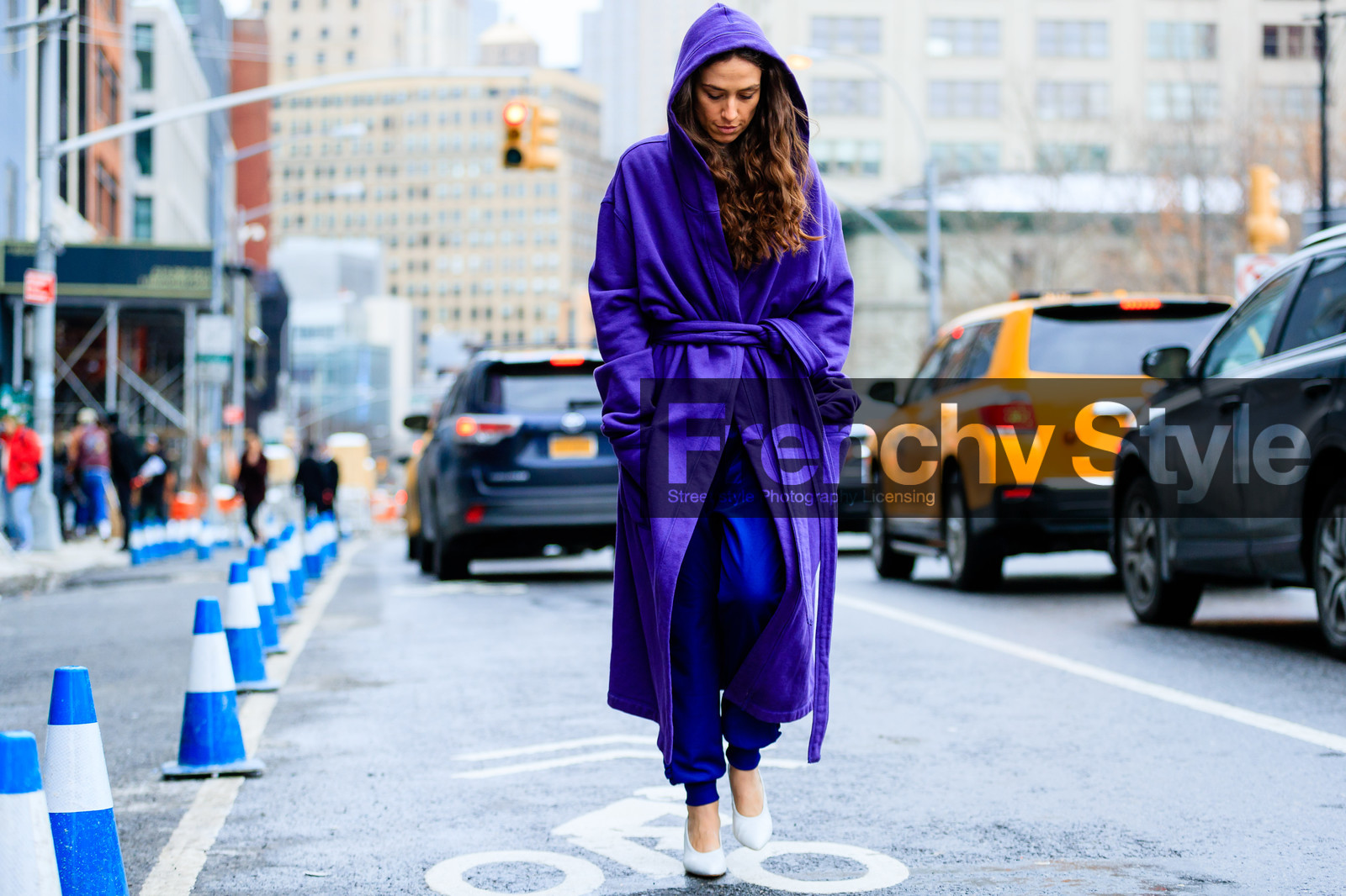 atmosphere details, AUTUMN WINTER 2017-2018, AW 17-18, blue pants, erika boldrin, FALL WINTER 2017-2018, fashion week, frenchystyle, full length, FW, FW 17-18, high heels, hood, horizontal, jonathan paciullo, lacoste, NEW YORK, NYFW, purple jacket, robe, street style, sweatpants, trousers, white shoes