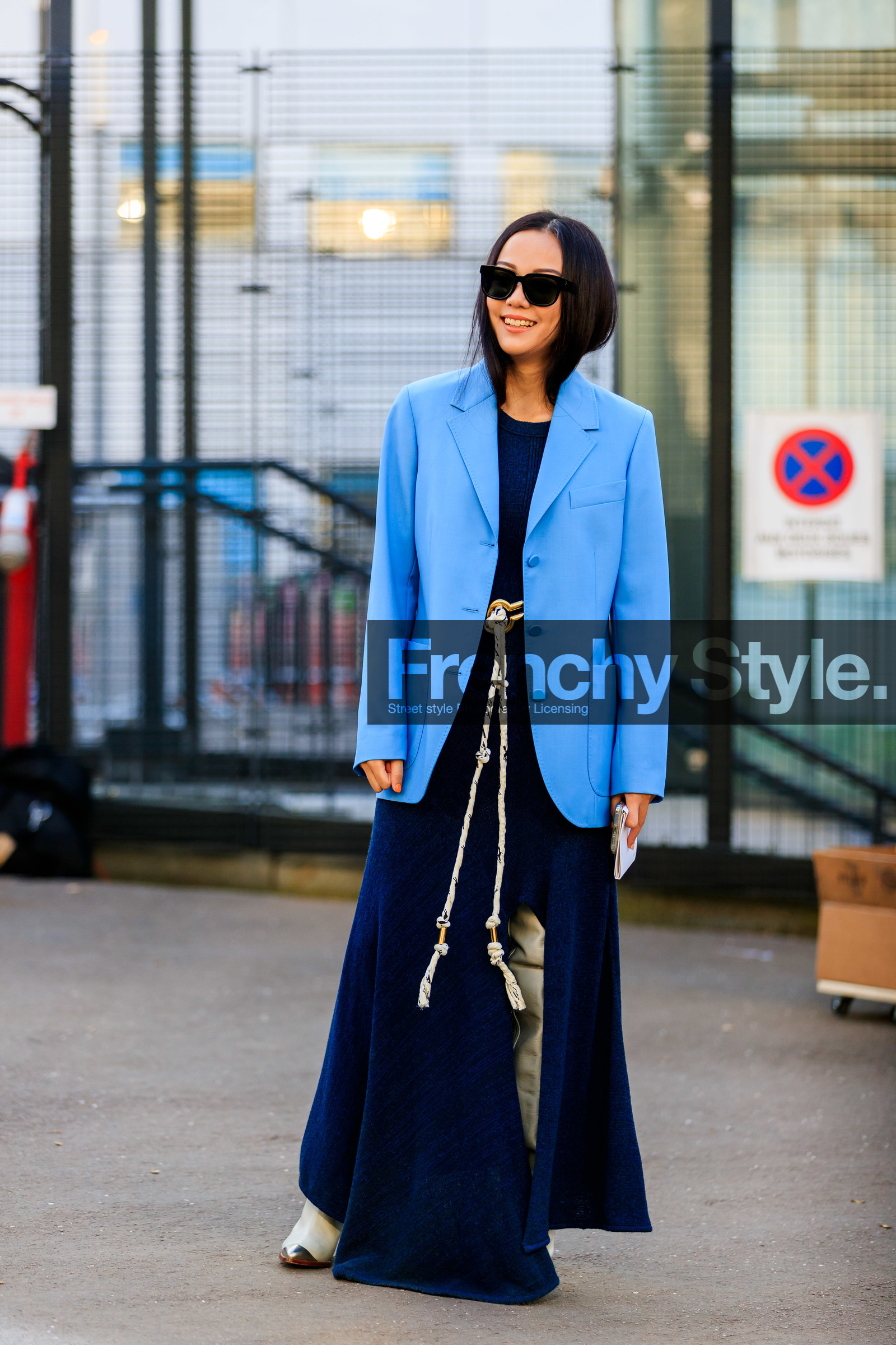 blazer, blue dress, blue jacket, chloé, leather shoes, sunglasses, white belt, white shoes, yoyo cao, PARIS, PFW, street style, jonathan paciullo, FW, frenchystyle, fashion week, AUTUMN WINTER 2019-2020, AW 19-20, FALL WINTER 2019-2020, FW 19-20, vertical, full length