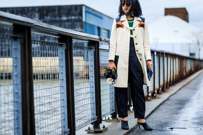 atmosphere details, AUTUMN WINTER 2016-2017, AW 16-17, beige coat, black mules, camera, chocker, detail, embroidered coat, fashion week, frenchystyle, FW, FW 16-17, golden heel, high heels, high waist, horizontal, jonathan paciullo, leather coat, leather shoes, margaret, navy pants, NEW YORK, NYFW, street style, striped pants, sunglasses, trousers, woman, zhang
