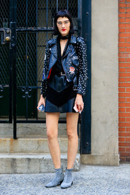 black jacket, black perfecto, black skirt, embroidered jacket, fashion week, frenchystyle, full length, FW, high waist, jonathan paciullo, leather jacket, leather perfecto, leather skirt, model, NEW YORK, NYFW, red lips, scarf, shiny boots, silver shoes, SPRING SUMMER 2017, SS 17, street style, studs, vertical, woman