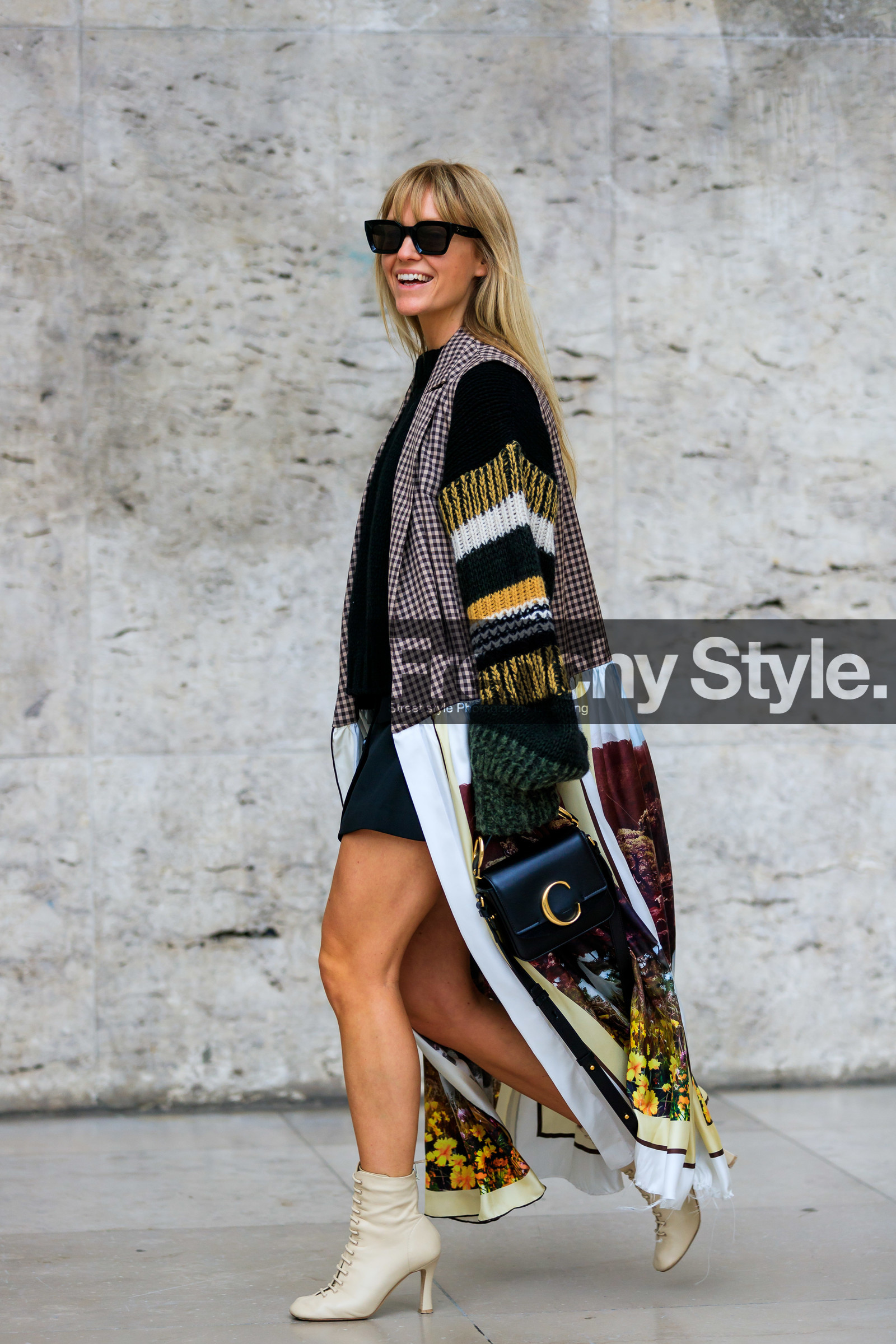 beige shoes, black bag, black skirt, checked, chloé, céline, gingham, graphic jacket, high heels, jeanette madsen, leather bag, leather shoes, multicolor jacket, plaid, printed jacket, stripes, sunglasses, PARIS, PFW, street style, jonathan paciullo, FW, frenchystyle, fashion week, AUTUMN WINTER 2019-2020, AW 19-20, FALL WINTER 2019-2020, FW 19-20, vertical, full length