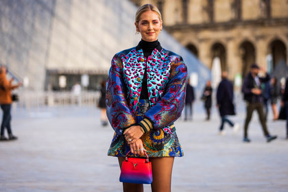 bag, blue bag, blue jacket, blue skirt, Chiara Ferragni, color, embroidery, floral print, flower, green skirt, jacket, leather bag, louis vuitton bag, louis vuitton look, mini skirt, print, printed jacket, printed skirt, red bag, skirt, bomber, fashion week, frenchystyle, FW, jonathan paciullo, street style, PFW, PARIS, SPRING SUMMER 2022, SS 22, horizontal, atmosphere details
