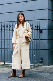 beige bag, beige jumpsuit, brown boots, fashion week, frenchystyle, full length, FW, gucci, jonathan paciullo, leather bag, leather shoes, LFW, LONDON, monogram, printed bag, SPRING SUMMER 2017, SS 17, street style, suede shoes, vertical, woman, zina charkoplia