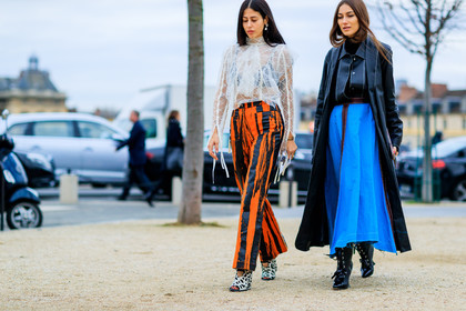atmosphere details, AUTUMN WINTER 2017-2018, AW 17-18, black and white shoes, black jacket, black shirt, black shoes, blue skirt, detail, FALL WINTER 2017-2018, fashion week, frenchystyle, FW, FW 17-18, gilda ambrosio, giorgia tordini, graphic pants, high heels, horizontal, jonathan paciullo, lace shirt, leather coat, leather shoes, orange pants, PARIS, PFW, printed pants, street style, trousers, white blouse