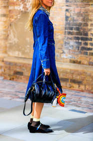 babies, black bag, black shoes, black socks, blanca miro scrimieri, blue denim, denim dress, leather bag, leather shoes, rainbow, fashion week, frenchystyle, FW, jonathan paciullo, street style, LFW, LONDON, SPRING SUMMER 2019, SS 19, vertical, detail, atmosphere details