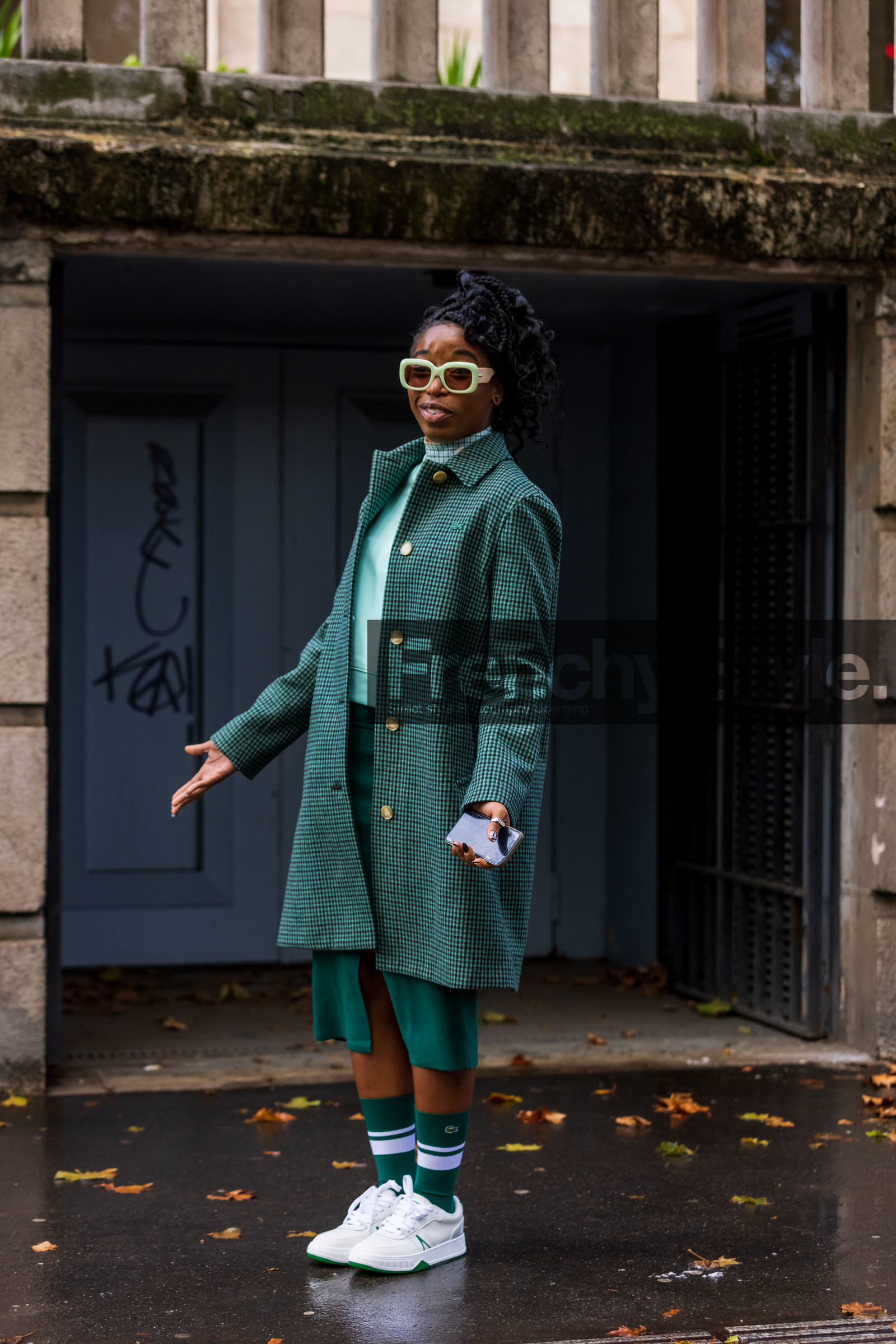 check, checked coat, coat, green coat, green socks, green sunglasses, lacoste look, oversize sunglasses, printed coat, sneakers, socks, sunglasses, white sneakers, lacoste, fashion week, frenchystyle, FW, jonathan paciullo, street style, PFW, PARIS, SPRING SUMMER 2022, SS 22, vertical, full length