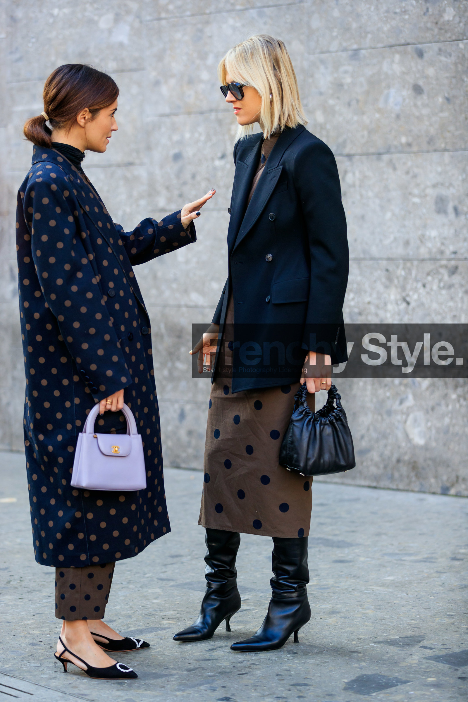 black bag, black jacket, black shoes, blazer, brown dress, brown pants, chanel handbag, gala gonzalez, graphic dress, graphic jacket, high boots, high heels, leather bag, leather shoes, linda tol, navy coat, polka dot, printed dress, printed jacket, purple bag, sunglasses, MILAN, MFW, fashion week, frenchystyle, FW, jonathan paciullo, street style, AUTUMN WINTER 2019-2020, AW 19-20, FALL WINTER 2019-2020, FW 19-20, vertical, full length