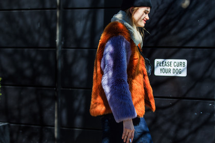 atmosphere details, AUTUMN WINTER 2016-2017, AW 16-17, blue denim, denim pants, detail, fashion week, frenchystyle, fur jacket, FW, FW 16-17, horizontal, jeans, jonathan paciullo, model, NEW YORK, NYFW, orange fur, patchwork, purple fur, stella lucia, street style, woman