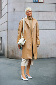 beige coat, beige sweater, elisa nalin, leather bag, leather coat, leather shoes, sunglasses, turtleneck sweater, white bag, white shoes, MILAN, MFW, fashion week, frenchystyle, FW, jonathan paciullo, street style, AUTUMN WINTER 2019-2020, AW 19-20, FALL WINTER 2019-2020, FW 19-20, vertical, full length