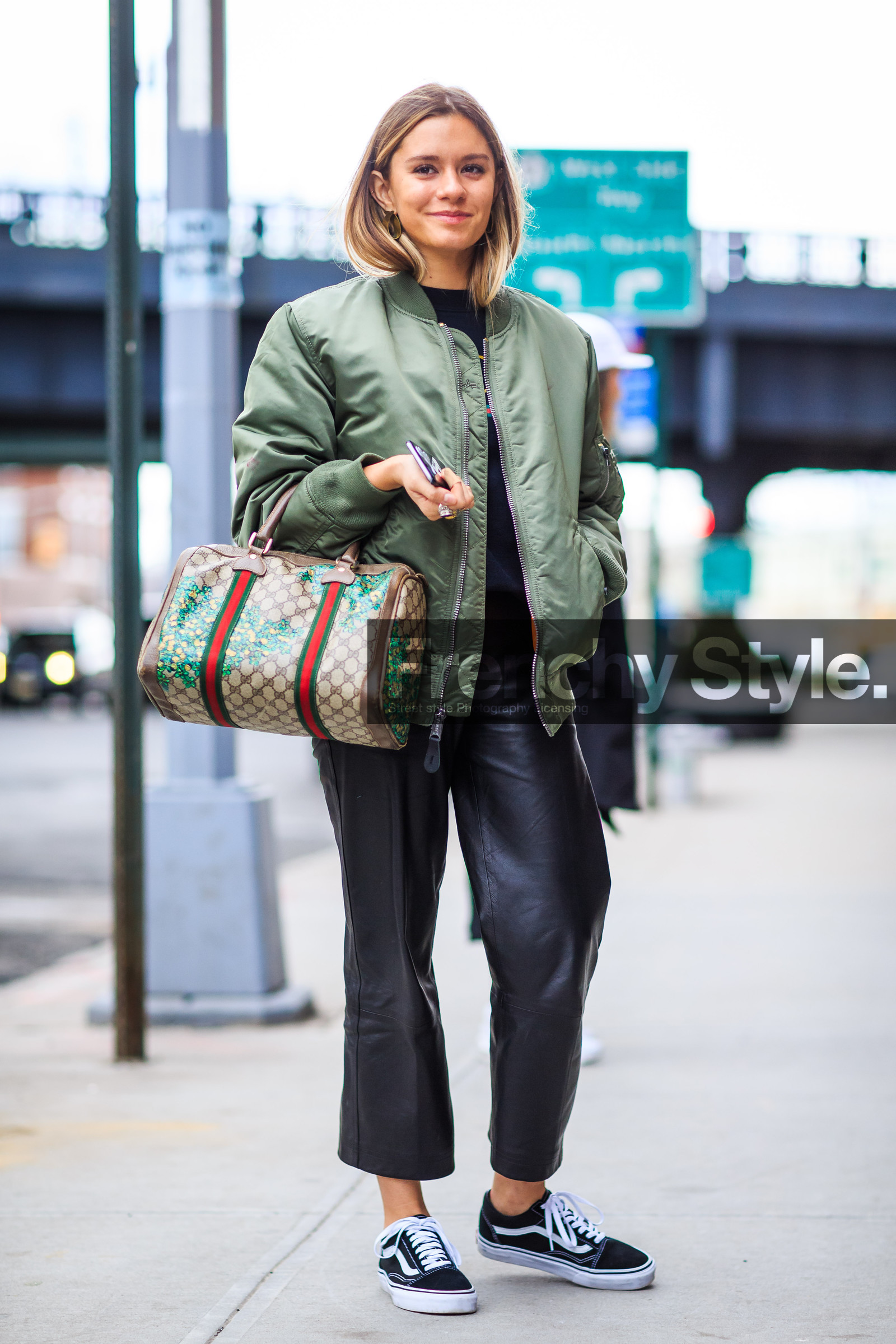 AUTUMN WINTER 2016-2017, AW 16-17, black pants, black sneakers, bomber jacket, brown bag, emma morrison, FALL WINTER 2016-2017, fashion week, frenchystyle, full length, FW, FW 16-17, gucci, jonathan paciullo, kaki jacket, leather bag, leather pants, NEW YORK, NYFW, printed bag, street style, trousers, vans, vertical, woman