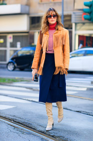 AUTUMN WINTER 2017-2018, AW 17-18, beige boots, beige jacket, ece sukan, FALL WINTER 2017-2018, fashion week, frenchystyle, fringes, full length, FW, FW 17-18, graphic sweater, high boots, jonathan paciullo, leather jacket, leather shoes, MFW, MILAN, navy skirt, printed sweater, red sweater, street style, striped sweater, suede shoes, sunglasses, vertical