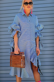 atmosphere details, blue dress, detail, earrings, fashion week, frenchystyle, FW, graphic bag, graphic dress, jonathan paciullo, NEW YORK, NYFW, printed dress, ruffles, shirt dress, SPRING SUMMER 2018, SS 18, street style, striped de, striped dress, sunglasses, vertical, wood bag